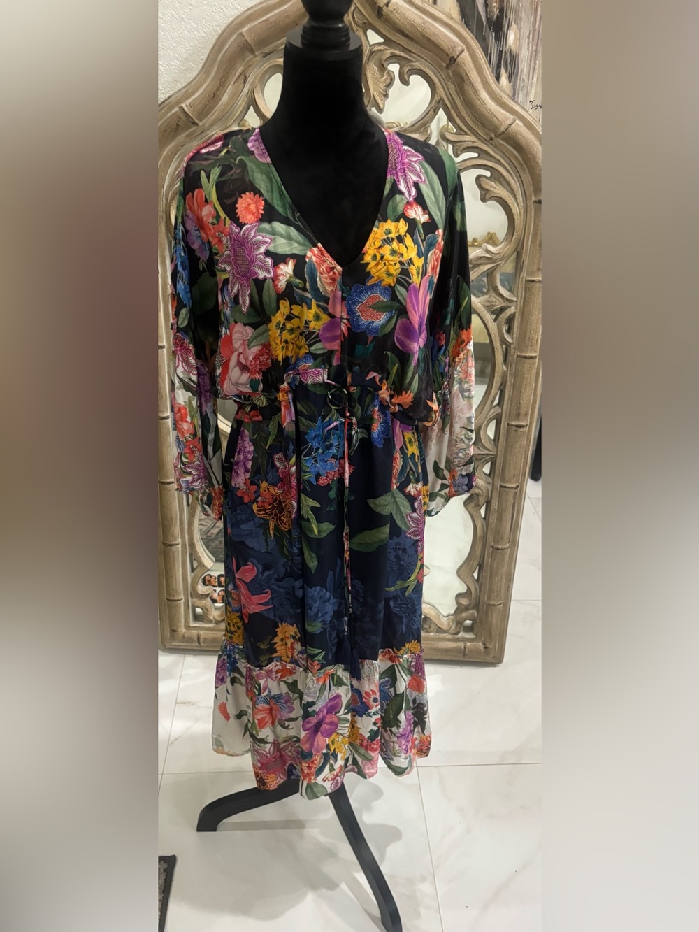 Johnny Was Navy Floral V-Neck Maxi Dress